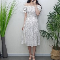 제이후 여름 반팔 잔꽃 스퀘어넥 오프숄더 스모크 밴딩 A라인 플레어 플라워 원피스