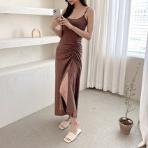 코지 여자 메이플시럽 사선 셔링 절개 끈나시 롱원피스
