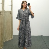 페이즐리 브이넥 밴딩 프릴 반팔 롱원피스 루즈핏