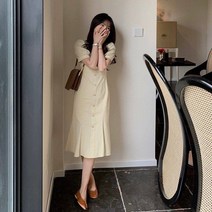 DFMEI 샤머니 프렌치 크림 살구빛 빈티지 트임 작은 키 팝업 피쉬테일 원피스
