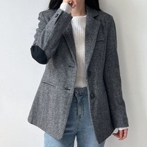 빈티지 헤링본 팔꿈치패치 싱글 울 자켓