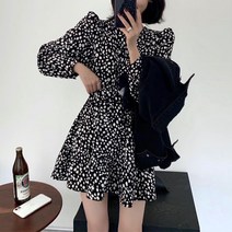 봄 긴팔 메이든 퍼프 호피캉캉 레오파드 미니원피스