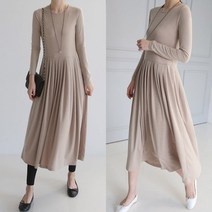 [쉬즈미] 무지 라운드 주름 롱원피스 긴팔 플레어 (OPS-931) (9653229)