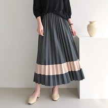데일리앤 신디 배색 플리츠 밴딩 롱스커트