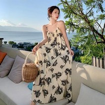 파티드레스 프랑스 스타일 레트로 장미 꽃 슬링 비치 스커트 여성 여름 슬리밍 해변 휴가 드