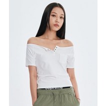 디어미 슬림 보트넥 스냅 포켓 티셔츠 화이트