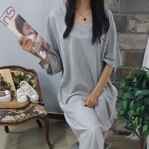 상상그이상 여성용 국내제작 브이넥 나그랑 롱원피스 빅사이즈 면100 캐주얼 포켓 포인트 편안한 데일리 홈드레스