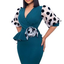 여름휴가원피스 여성용 도트 메쉬 스플라이스 랜턴 소매 드레스 V넥 하이 웨이스트 A 라인 통근 슬림 가을 패션