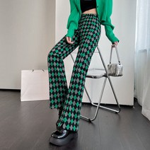 간지나는댄스걸 방송댄스복 힙한팬츠녹색 격자 무늬 여성 벨 바지 체크 플레어 빈티지 레깅스 다리 슬릿 유