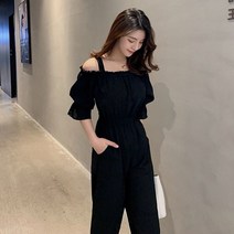 오프숄더 점프슈트 와이드 밴딩 팬츠 프릴 어깨끈 숏 여자 여성 레깅스 청 조거 반 바지