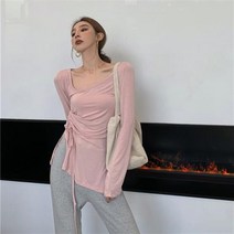 더클라워 인기신상 여성 깊은U넥 매듭셔링 트임 얇은 긴팔티셔츠~5XL