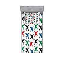 Lunarable 비행기 매트리스 커버 및 베개 커버 세트 비행기 패턴 항공기 전투기 제트 운송 레트로 역사적 시대 장식 프린트 2피스 침구 장식 세트 트윈 그린 화이트