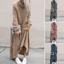 플러스 사이즈 여성 긴 소매 터틀넥 운동복 드레스 양털 느슨한 맥시 까마귀 드레스 롱 스웨트 롱원피스