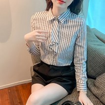 슬림줄무늬윗도리 2022 일찍이 봄 흑백 줄무늬셔츠 여성 디자인감각 보이핏 볼륨 넥타이 와이셔츠 이너웨어 3784682892