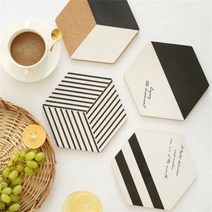 코르크 육각 냄비받침대 컵홀더, 흑백큐브