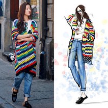 여성 브이넥 숄 롱 가디건 가 Liu Yifei 같은 핸드 컷 크 셰 뜨개질 레인보우