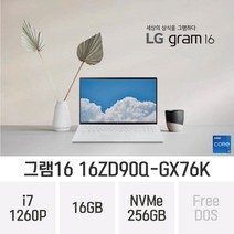 [오늘출발] LG전자 그램16(12세대) 16ZD90Q-GX76K - 가벼운 인강용 업무용 노트북 *4종사은품 증정*, W, 코어i7, 256GB, 16GB, Free DOS