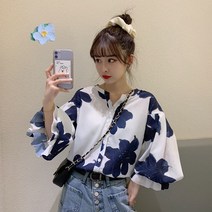 안나리야 루즈핏 통소매 꽃무늬 쉬폰 셔츠블라우스 SH