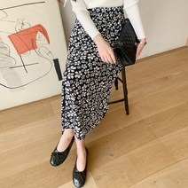코지 여자 아카시아 플라워 패턴 쉬폰 플레어 롱스커트