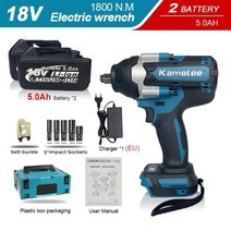 Kamolee1800 NM 하이 토크 90Ah 9000mAh 브러시리스 전기 임팩트 렌치 마끼다 18V 배터리용, EU+Two5.0AH BAT Plastic