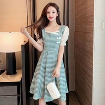 리카 여성 미들 넥 체크 라이크 원피스