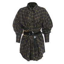 [EAM] 여성 빅 사이즈 블루 격자 무늬 셔츠 드레스 새로운 옷깃 긴 소매 느슨한 맞는 패션 조수 봄 가을 2021 1DD0727