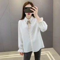 카라넥 쉬폰 긴 소매 화이트블라우스 여성 봄 가을 룩 나비 결 와이셔츠 커프스 레쉬 상의 얇은 3799735396
