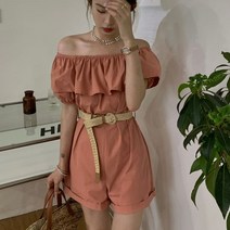 여성 캐주얼 여름 프릴 빈티지 오프숄더 점프슈트 빈티지 벨트 프렌치 로맨틱 비치룩