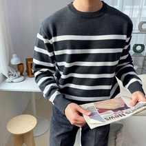 [5colors]남자봄니트 겨울 스트라이트 단가라 라운드 스웨터