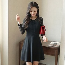 소매원피스 라운드넥 레이스소매 플레어 원피스, M, 블랙