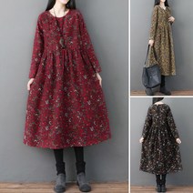 여성 가을 코튼 레트로 카프 탄 드레스 홀리데이 긴 소매 꽃 프린트 오 넥 롱 셔츠 원피스