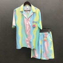 여름낚시복 우의 내피 바지 고어텍스 자켓 여름 힙합 캐주얼 비치 홀리데이 반팔 정장 하와이안 셔츠 스트리트 웨어 패턴 셔츠 스트리트웨어 남자 운동복 세트 107020, EU L(일 L)