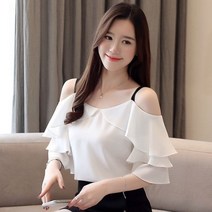 패션 여성 블라우스 짧은 소매 여성 셔츠 흰색 쉬폰 블라우스 셔츠 여성 탑 슬래시 목 어깨 상단 3571 50