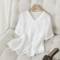파즈마 라미 린넨 자수 싱글버튼 반팔 V넥 블라우스 P220062