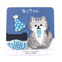 자수 스티커 티셔츠 에코백 배지 와펜 회색 고양이, 얼룩고양이