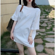 루즈핏 박시핏 쭈그리원단 뒷면 진주목걸이 벌룬소매 반팔 블라우스 티셔츠