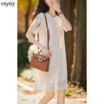 vsyoy 2023 여름 새로운 반팔 드레스 여성의 느슨한 슬리밍 메쉬 중장 드레스