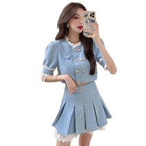 셀럽당 여성용트위드 반팔 크롭 자켓+셔링 미니스커트 투피스 여름 오피스 세미 정장 세트
