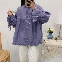 수소수생성기 알칼리Johnature-여성 프릴 리넨 레이스업 셔츠 봄 여름 빈티지 모리 루즈 슬릿 블라우스, 01 보라색_01 싱글 사이즈