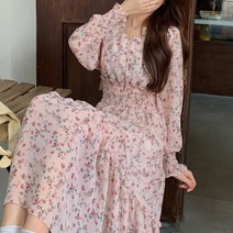[랜덤플레이] 브이넥 진주버튼 스모그밴딩 프릴 롱원피스