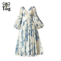 맘등원룩 문센 워마일룩 집 청담동 며느리 꾸안꾸 꽃무늬 구슬 장식 하이 웨이스트 라인 파티 드레스 여성용 세련된 빈티지 랜턴 슬리브 캐주얼 엘비스 패션