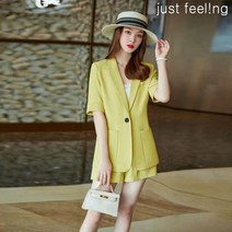 just feel!ng여름 여성 5부 반팔 자켓 정장 와이드 반바지 투피스 루즈핏 슬림 심플 세미 정장 오피스 세트