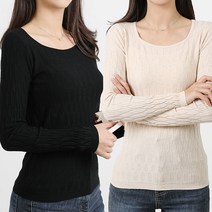 리빙노크 여성용 사계절 편한 슬림핏 패턴 라운드 넥 니트티 2종세트
