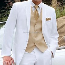 남자 봄 가을 정장 남성 겨울 베스트 조끼 슈트 신랑 들러리를위한 흰색과 금색 웨딩 턱시도 패션 의상 3 피스 맞춤 재킷 바지와 양복