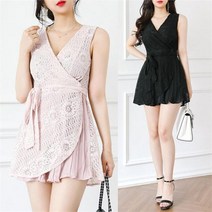 더클로 민소매 나시 단추 레이스 스커트 플리츠 미니원피스 OPS2460