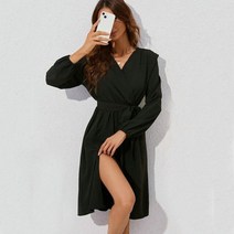 땡땡이 도트 쉬폰 원피스 여성 긴팔 브이넥 라인 캐주얼 미디