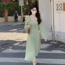 Sevalo 2022 초봄 여성 얇은 연두 긴팔 원피스 롱 하이웨이스트 A라인 스커트 부드러운 스타일