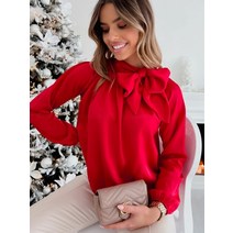 리본블라우스 셔츠 긴팔 레드 풀오버 캐주얼 우아한 사무실