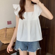 빅카라 블라우스 둥근카라블라우스 브이넥 셔츠 화이트 스퀘어 칼라 쉬폰 여성 여름 디자인 감각 틈새 빅 쇄골 탑 플라잉 슬리브 인형
