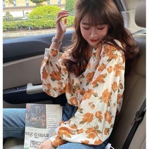 블라우스 노란색 유화 탑 80년대 홍콩 스타일 셔츠 여성 레트로 쉬폰 셔츠 태양 보호 의류 v-넥 꽃 패션